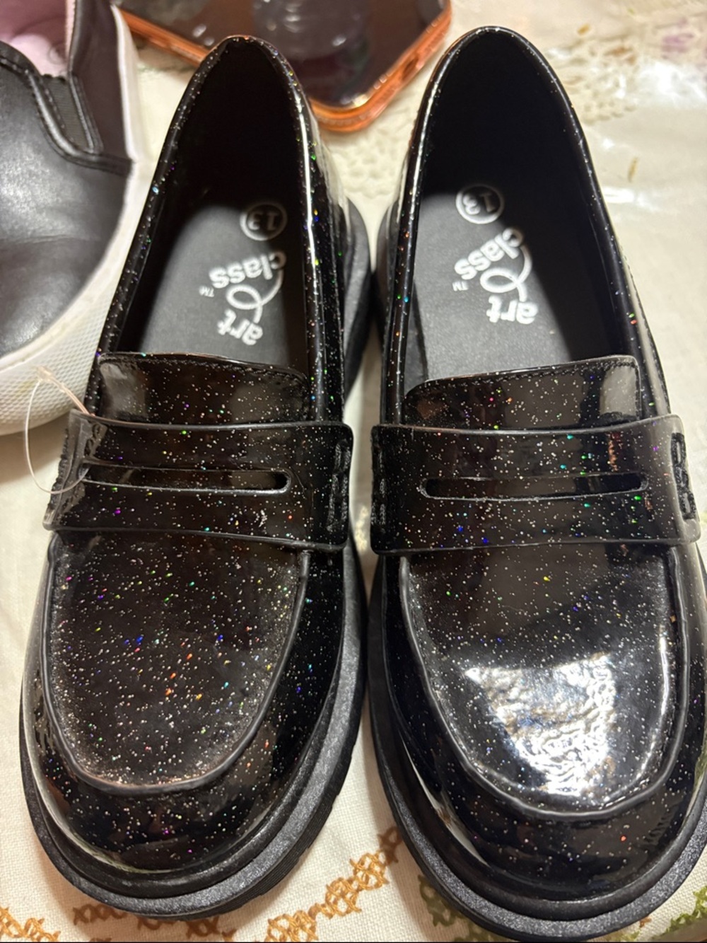art class Black Glitter Penny Loafers for Kids